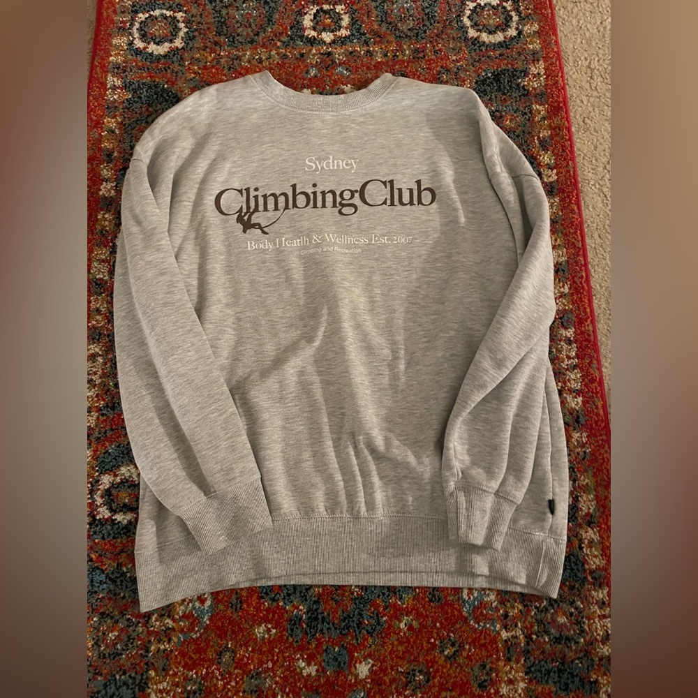 Womens grey graphic crewneck sweatshirt with brown lettering. Size L.
